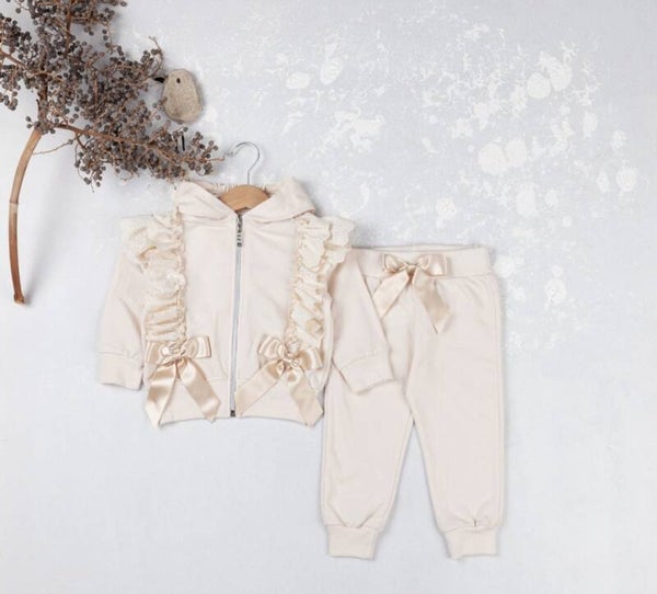 Laced bow set beige