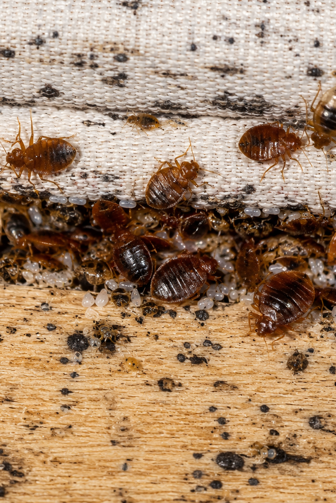 Bed bug infestation signs around sleeping and furniture areas