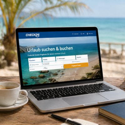 Laptop am Strand mit der Website von Check24 offen