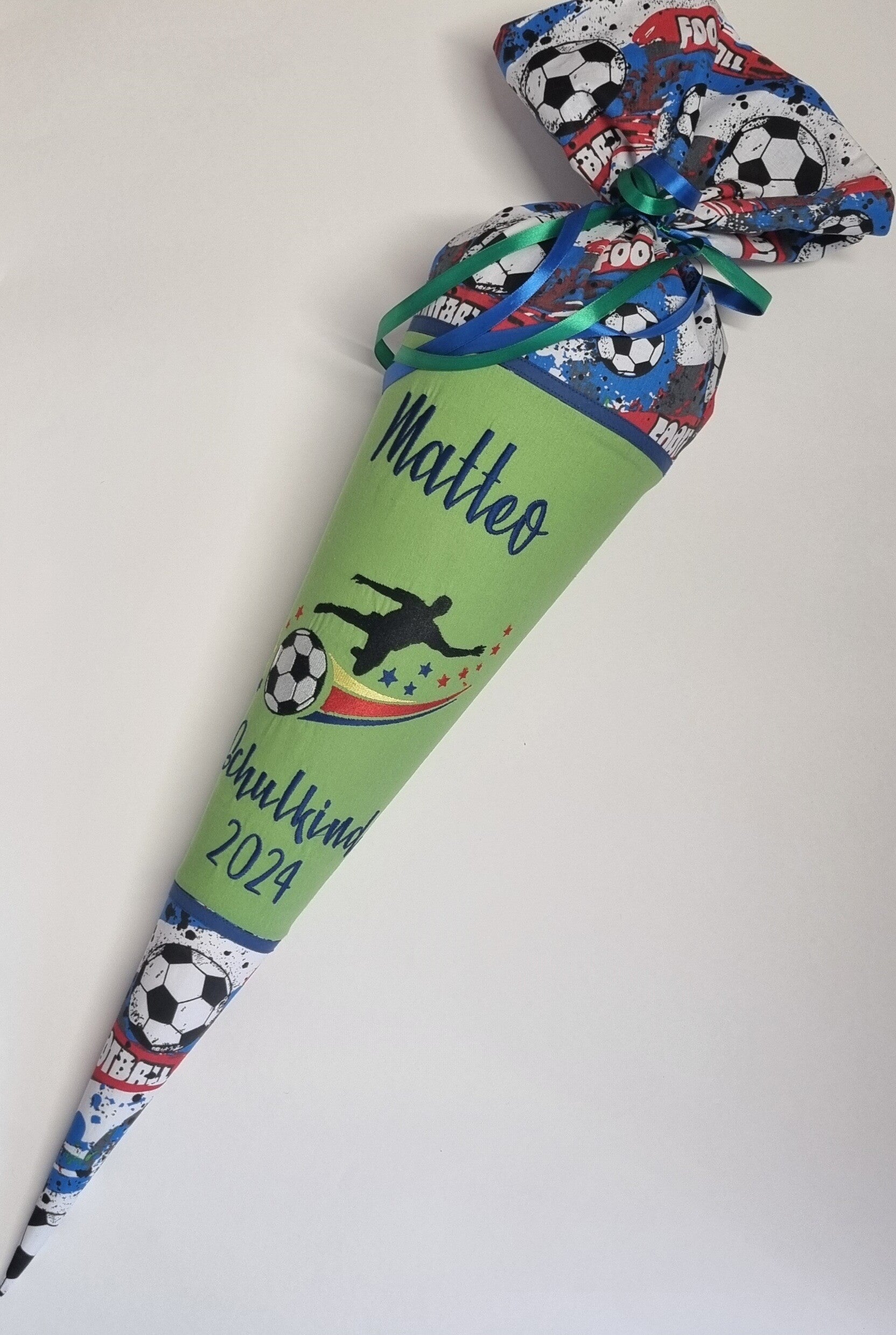 Personalisierte Schultüte Fußball grün grau mit Name – Stoff Schultüte Jungen