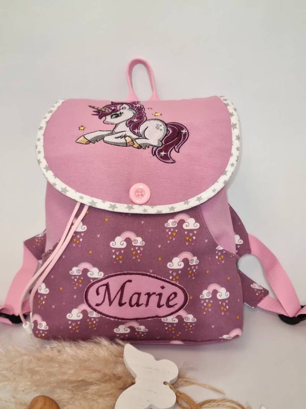 Personalisierter Kinderrucksack Einhorn – Rosa & Flieder, handgemacht mit Namen