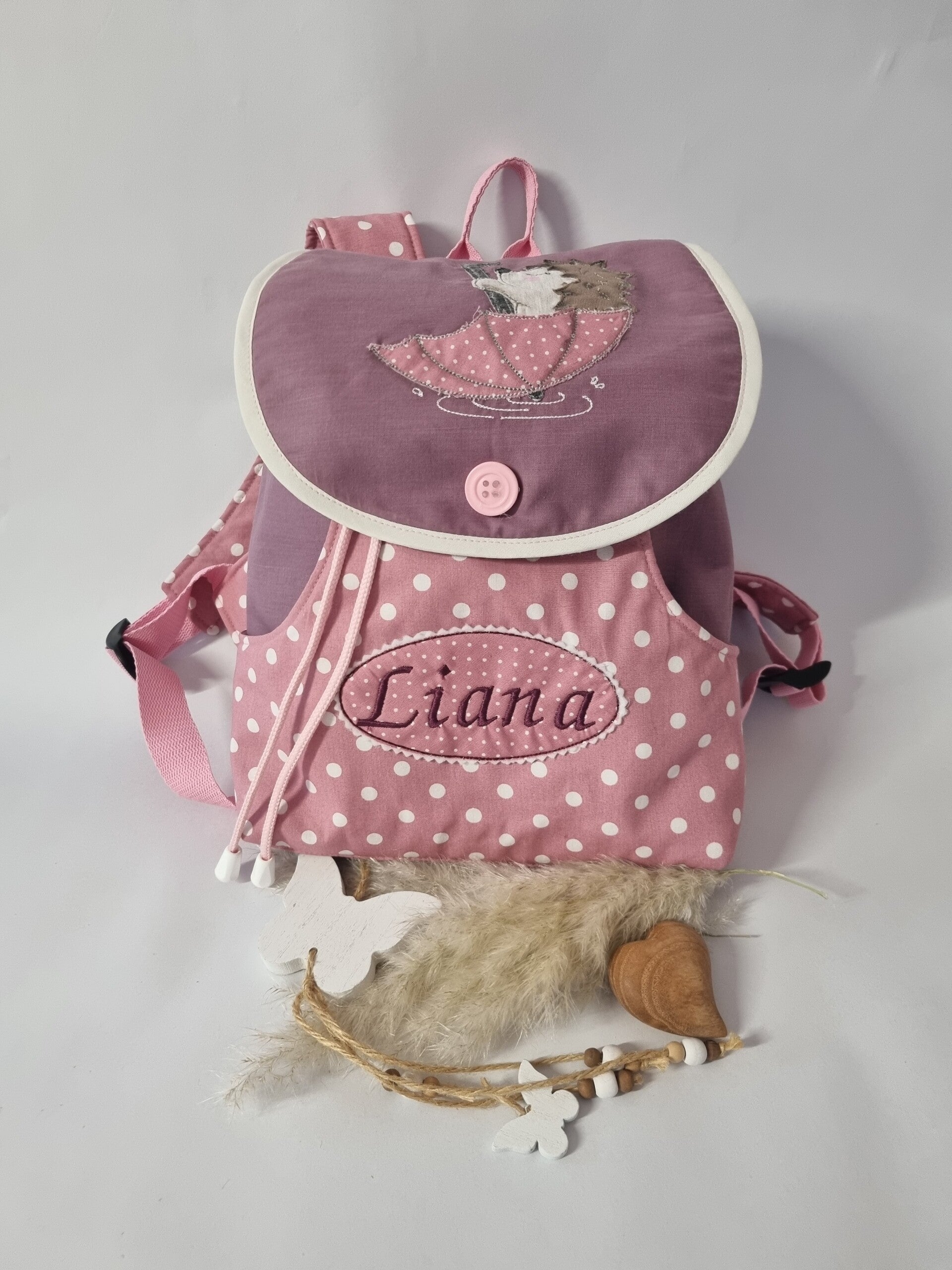 Personalisierter Kinderrucksack Igel – Rosa & Punkte, handgemacht mit Namen