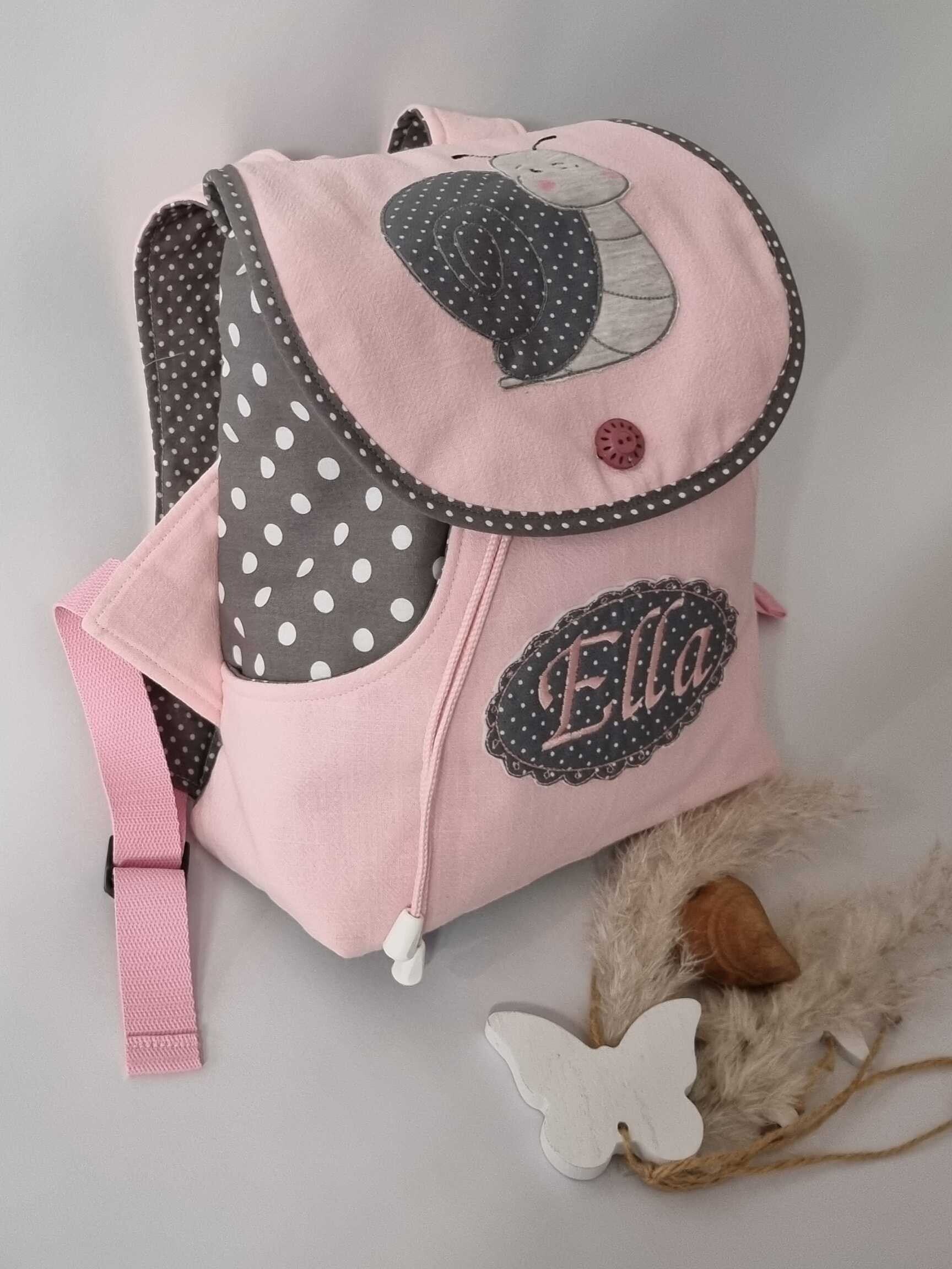 Kinderrucksack mit Namen - rosa-grau - Schnecke– personalisiert und handgemacht