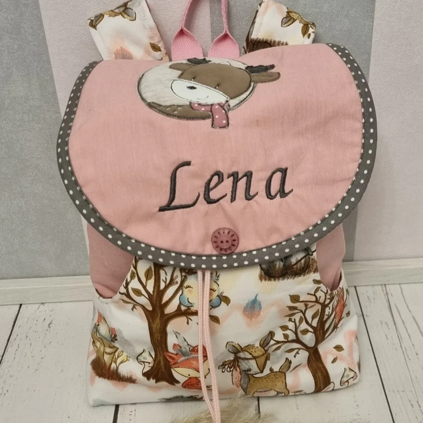 Personalisierter Kinderrucksack Reh – Rosa & Waldtiere, handgemacht mit Namen