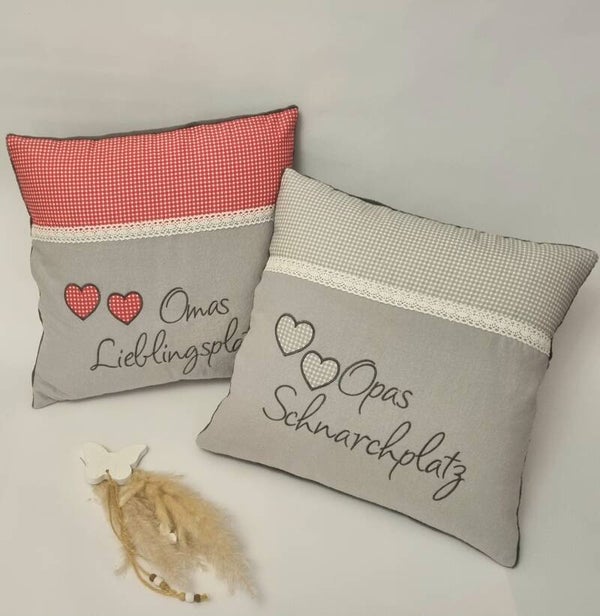 Kissenset Oma & Opa – handgemacht mit Herzen, Grau & Rot