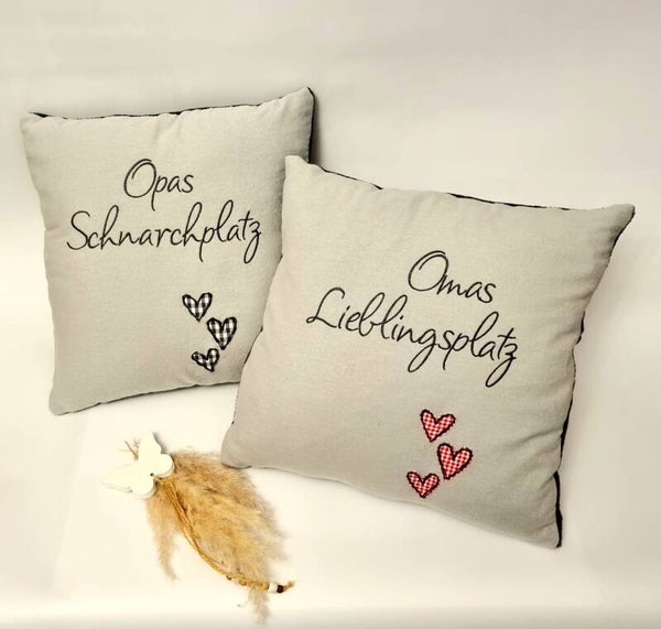 Kissenset Oma & Opa – handgemacht mit Herzmotiv, Grau