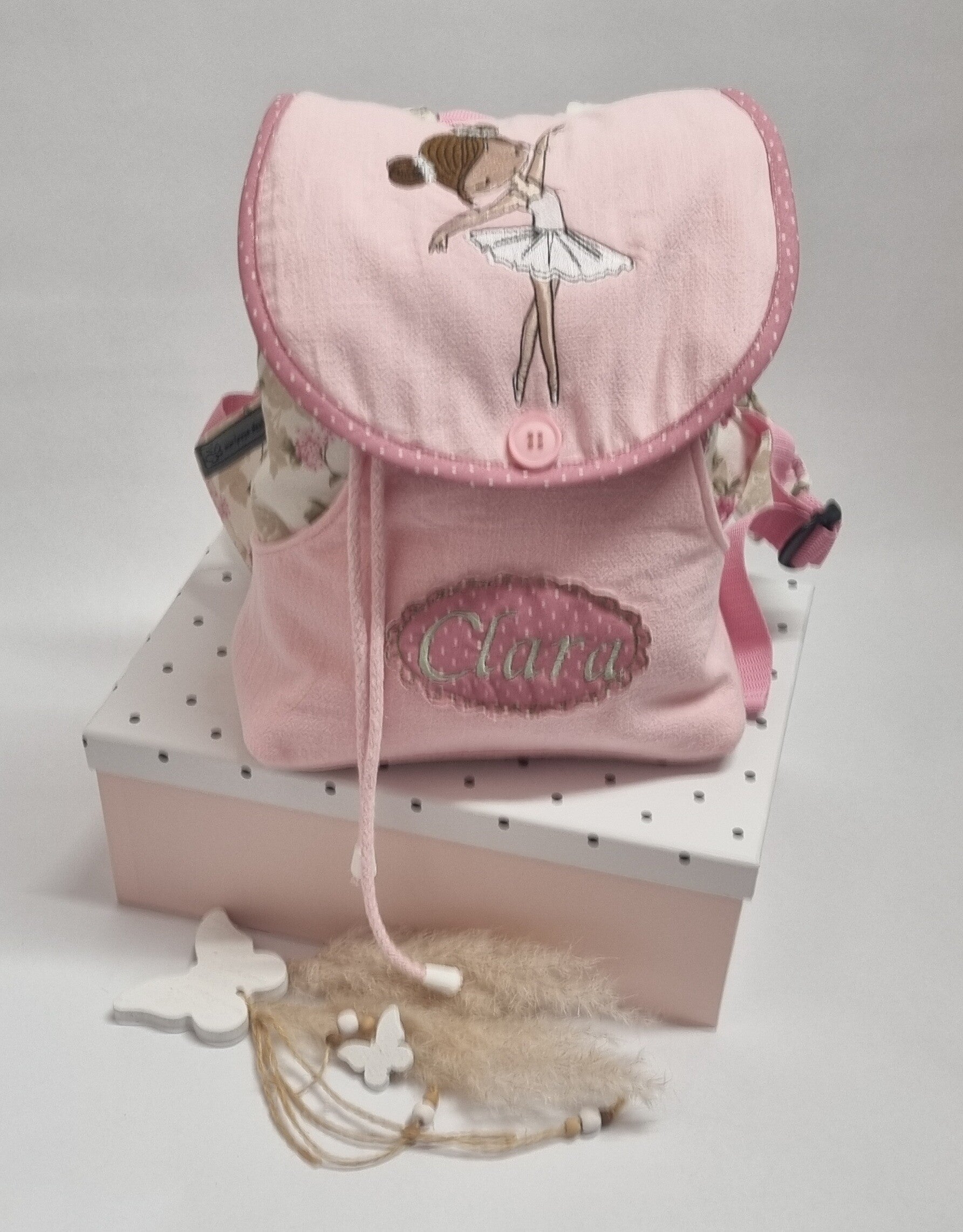 Personalisierter Kinderrucksack Ballerina – Rosa & Blumenmuster, handgemacht mit Namen