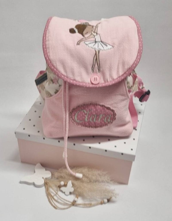 Personalisierter Kinderrucksack Ballerina – Rosa & Blumenmuster, handgemacht mit Namen
