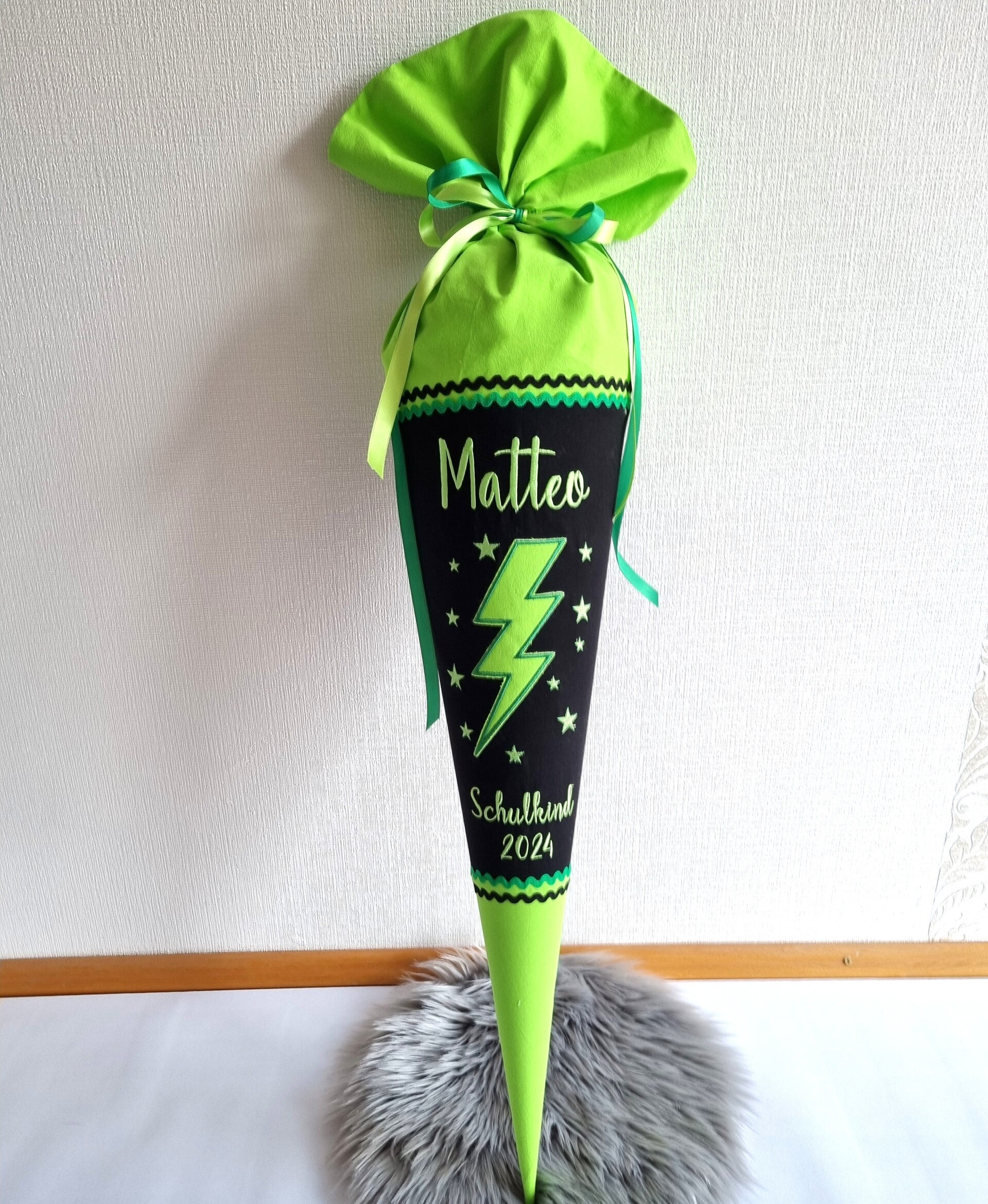 Personalisierte Schultüte Blitz grün mit name - Stoff Schultüte Jungen