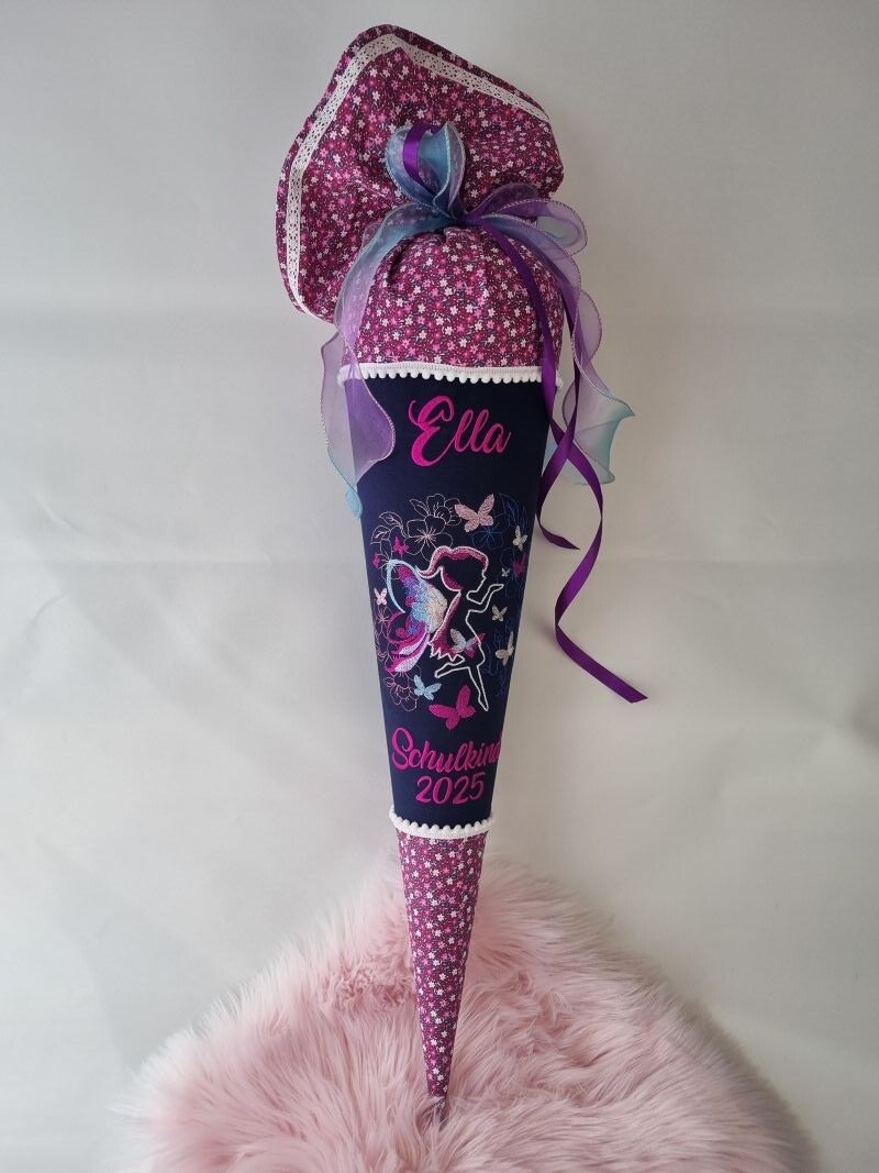 Personalisierte Schultüte Fee für Mädchen – rosa Stoff Schultüte mit Name