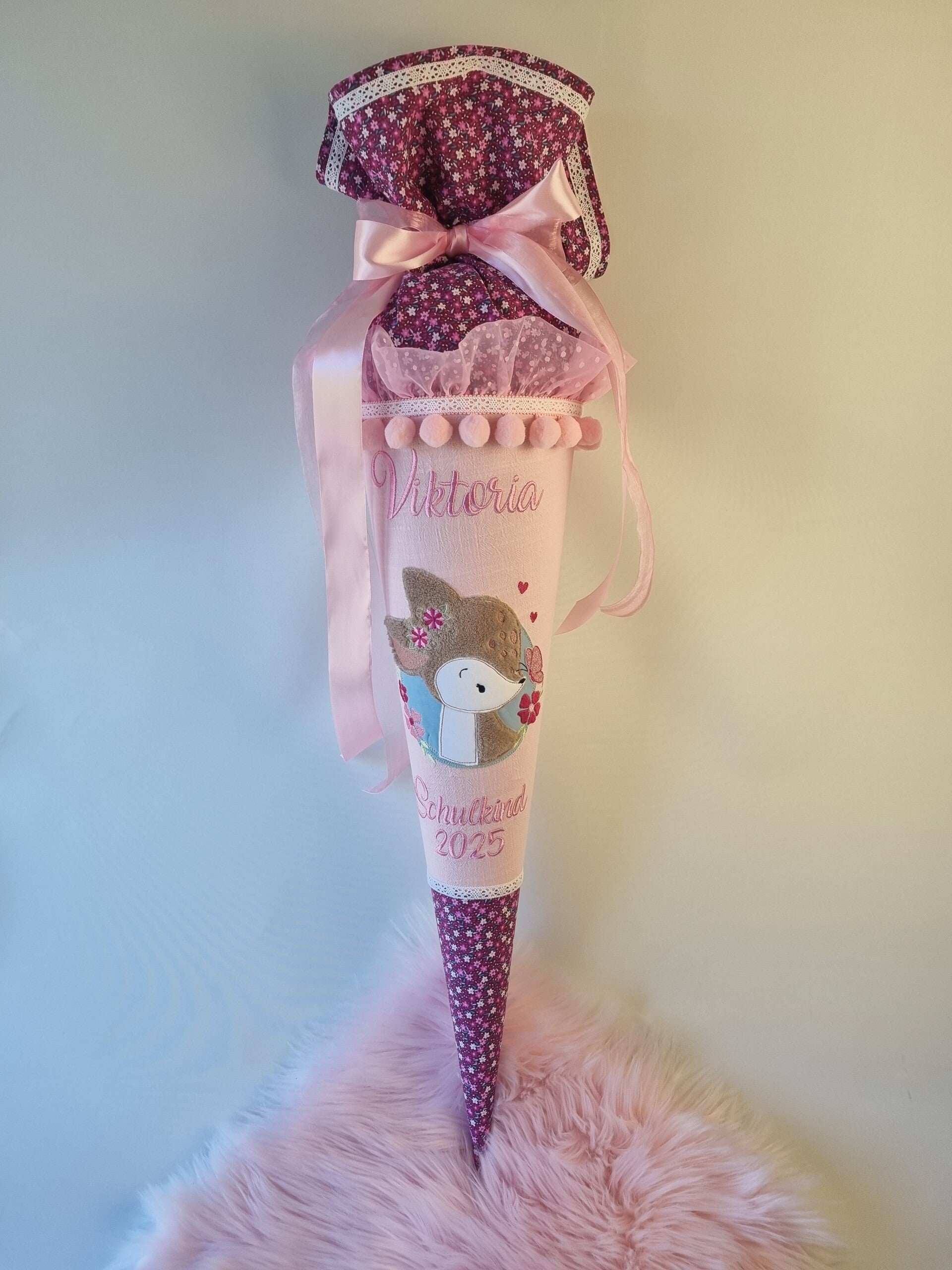 Personalisierte Schultüte „Reh“ – handgemacht in Rosa und Beerentönen für Mädchen