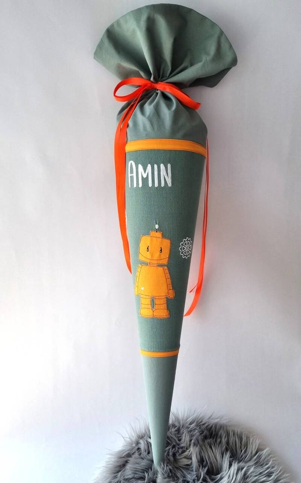Personalisierte Schultüte „Roboter“ – handgemacht aus Stoff