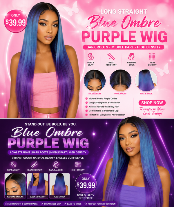 Long Straight Blue Ombre Purple Wig with Dark Roots – Middle Part High Density Heat Resistant Synthetic Wig