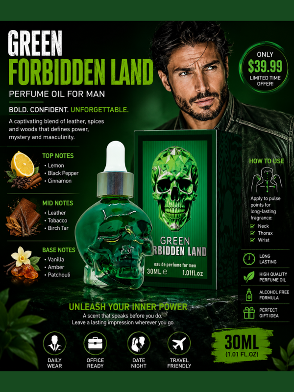 Green Forbidden Land Perfume Oil for Men – Long-Lasting Leather & Woody Fragrance | 30ml Skull Bottle