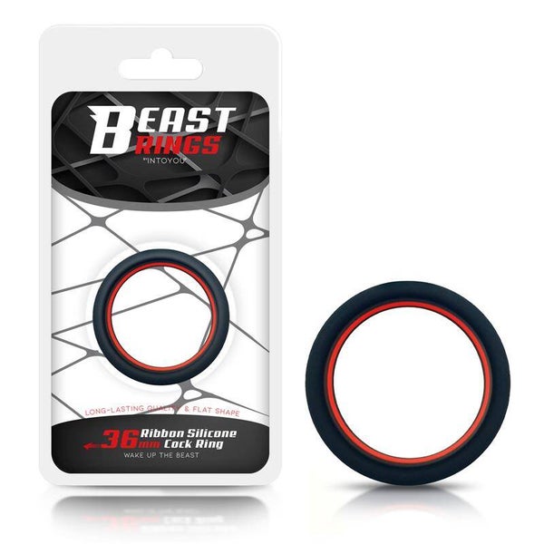 Anneau pénien BEAST RINGS 100 % silicone solide 3,6 cm Rouge et noir