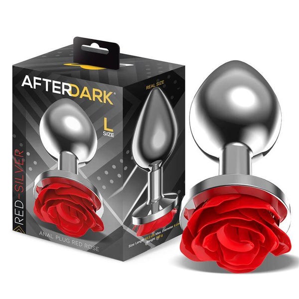 AFTERDARK Plug anal en métal argenté avec base rose rouge, taille L