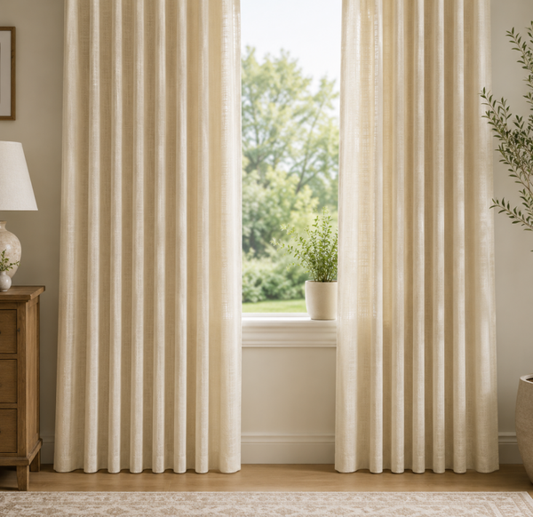 Luxury Beige Pinch Pleat Linen Blend Curtains – Light Filtering – 40” x 90” (Set of 2)