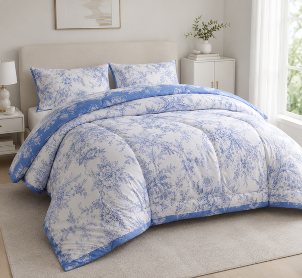 Blue Floral Quilt Set – Queen Size | 3 Piece Bedding Set