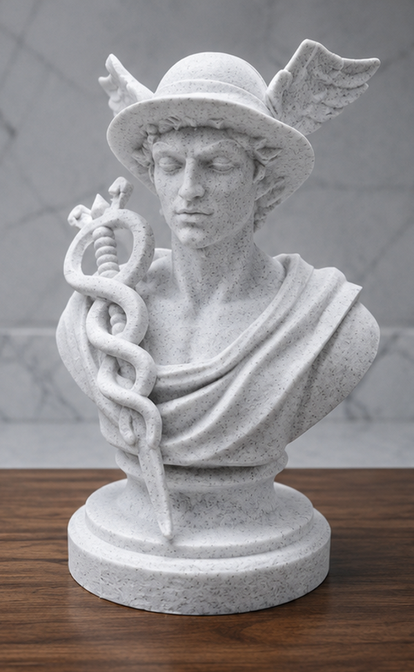 Buste d’Hermès Marbre Beige – Sculpture Mythologie Grecque Décorative 15cm
