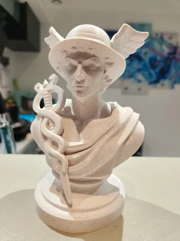 Buste d’Hermès Marbre Beige – Sculpture Mythologie Grecque Décorative 15cm