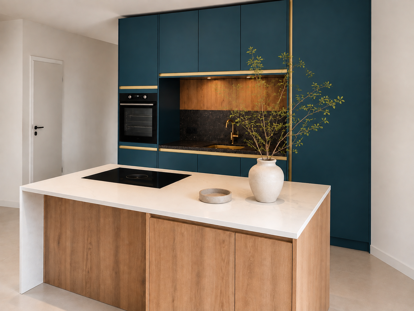 Petrolblauwe keuken met houten eiland — 03 aanzicht