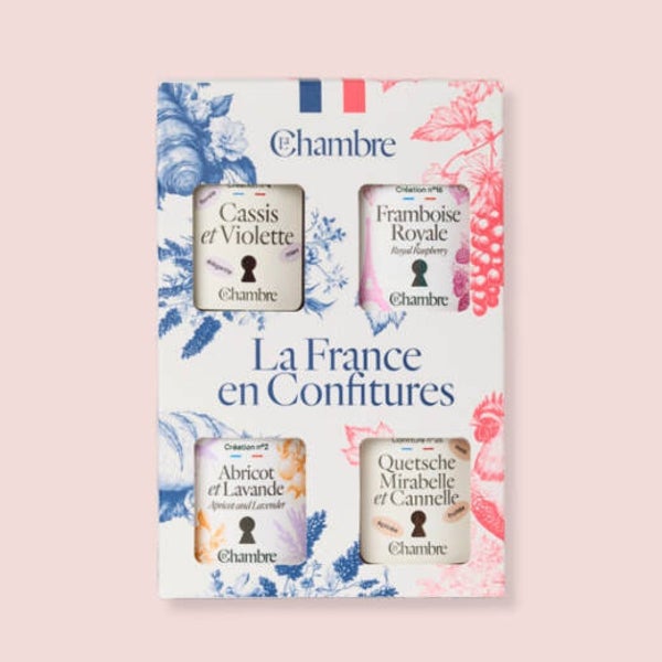 LFEC La France en Confitures: 4 pots de 100g Abricot Lavande, Cassis Violette, Framboise Royale & Quetsches Mirabelle Cannelle  Découvrez notre écrin cadeau composé de 4 parfums exquis (100g)