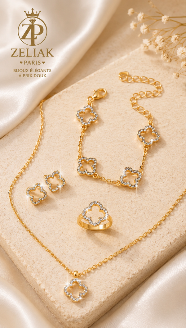 ✨ Ensemble Trèfle Élégance ZELIAK PARIS – Collier, Bracelet, Bague & Boucles d'Oreilles