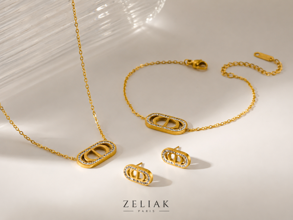 Parure dorée Éclat – Collier, bracelet & boucles d’oreilles