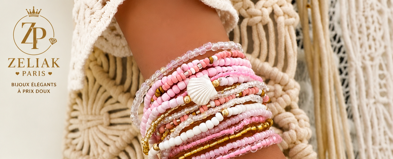 Bracelet Multirangs Perles Rose & Blanc - Coquillage Doré | ZELIAK PARIS