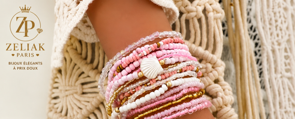 Bracelet Multirangs Perles Rose & Blanc - Coquillage Doré | ZELIAK PARIS