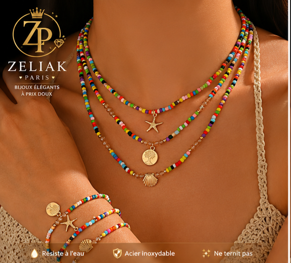 Ensemble Collier & Bracelet Multicolore Bohème – Étoile de Mer, Arbre de Vie & Coquillage | ZELIAK PARIS
