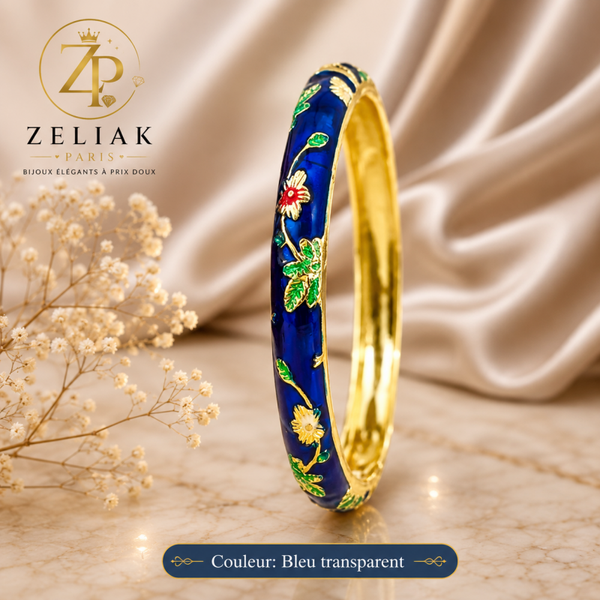 Jonc Émaillé Bleu Royal – Élégance Florale Dorée | ZELIAK PARIS