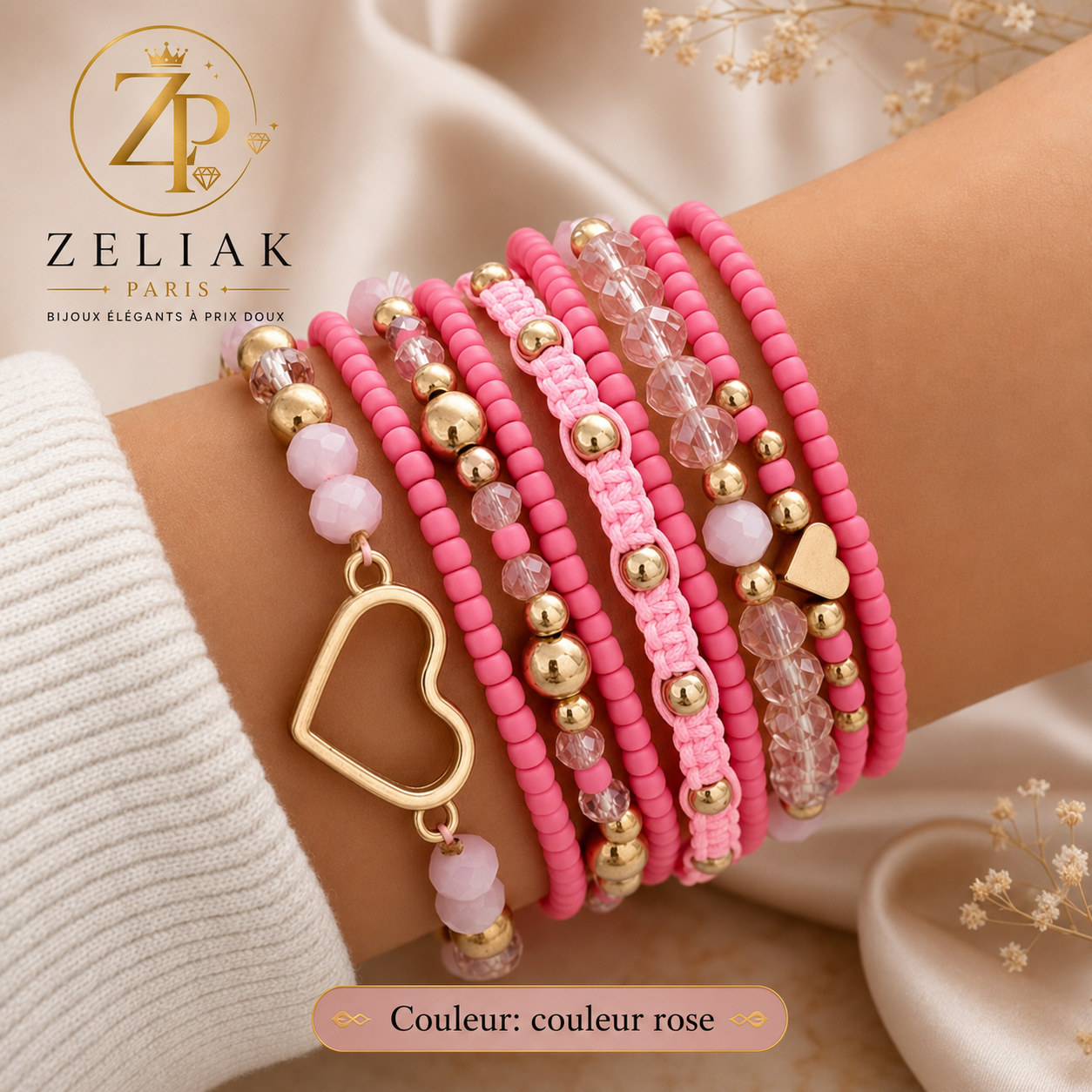Ensemble de 6 Bracelets Bohème Rose & Doré – Collection Cœur | ZELIAK PARIS