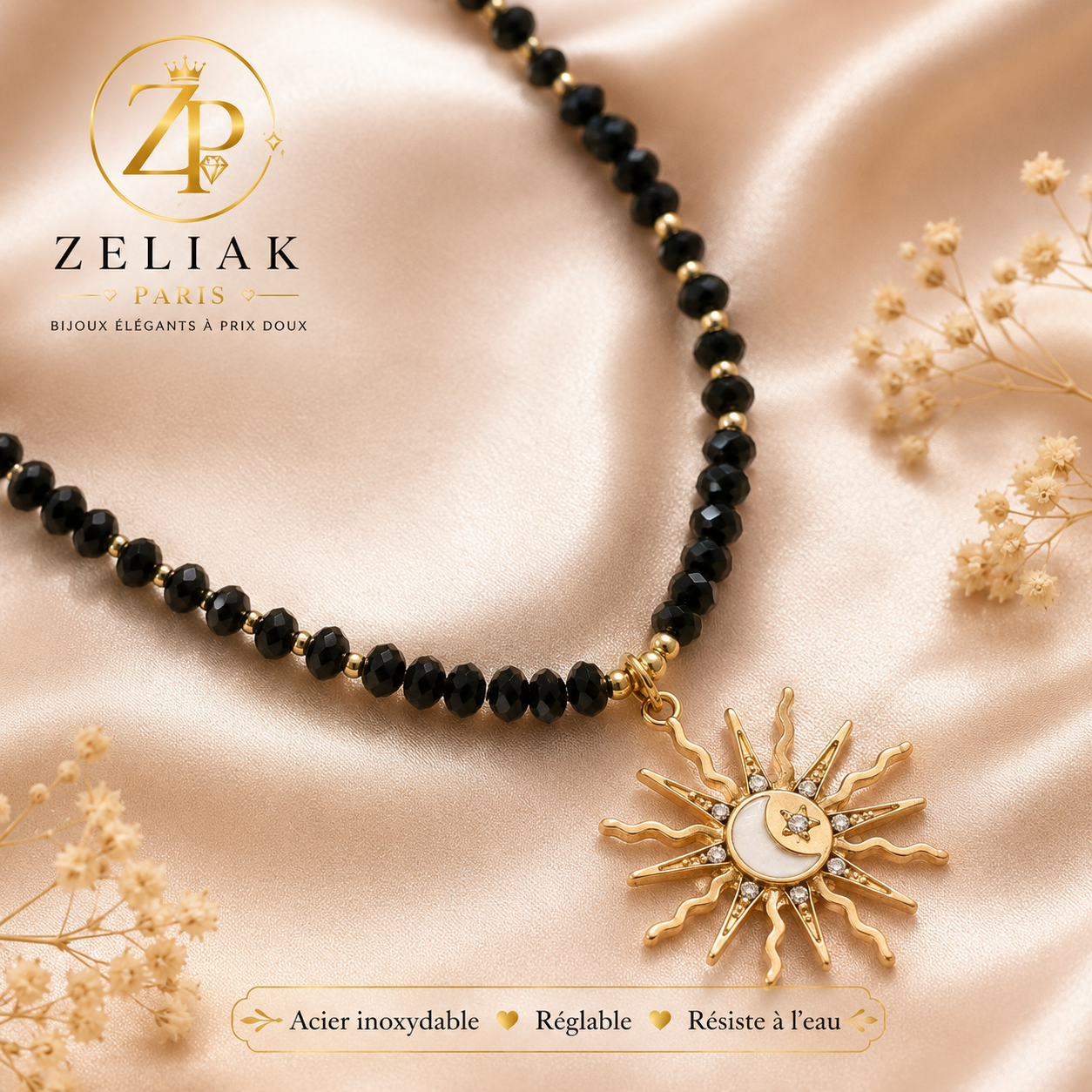 Collier Soleil & Lune Noir Élégant – Acier Inoxydable Doré | ZELIAK PARIS