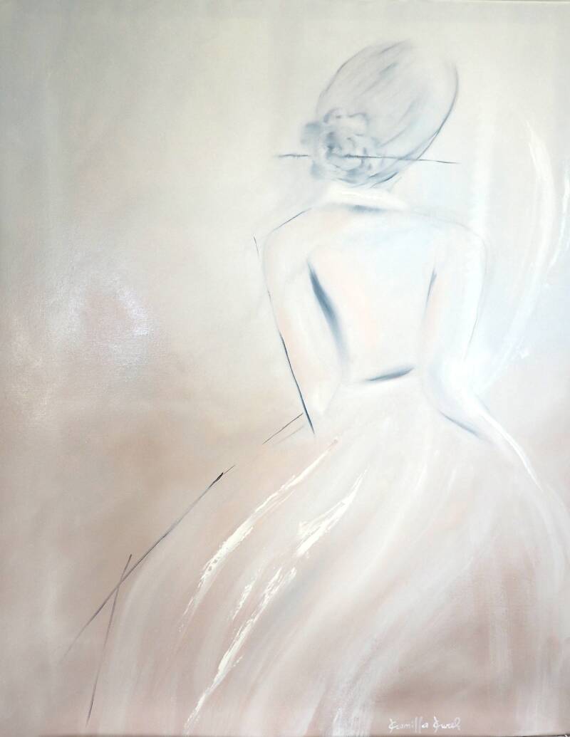 abstract figurative painting, contemporary female figure, minimalist art, soft tones, ethereal painting, modern poetic art