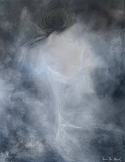 abstract figurative painting, contemporary female figure, minimalist art, soft tones, ethereal painting, modern poetic art