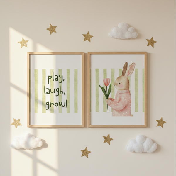 Play, Laugh, Grow & Bunny – 2-delige Kinderposter Set