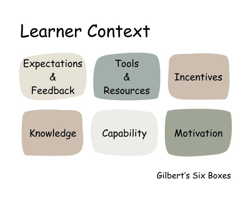 Learner context: Expectations and feedback, tools and resources, incentives, knowledge, capability, and motivation.