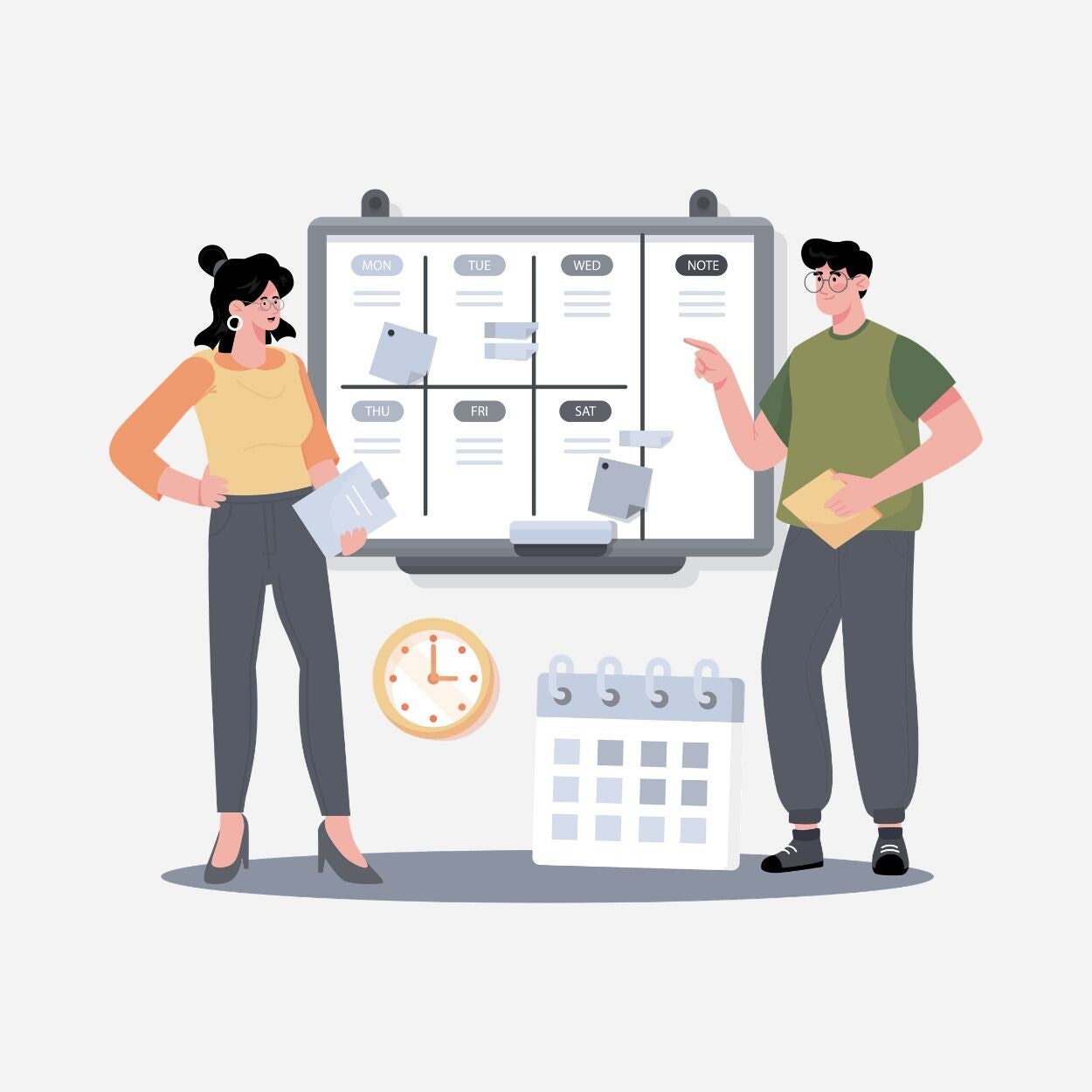 Two people discussing a project schedule