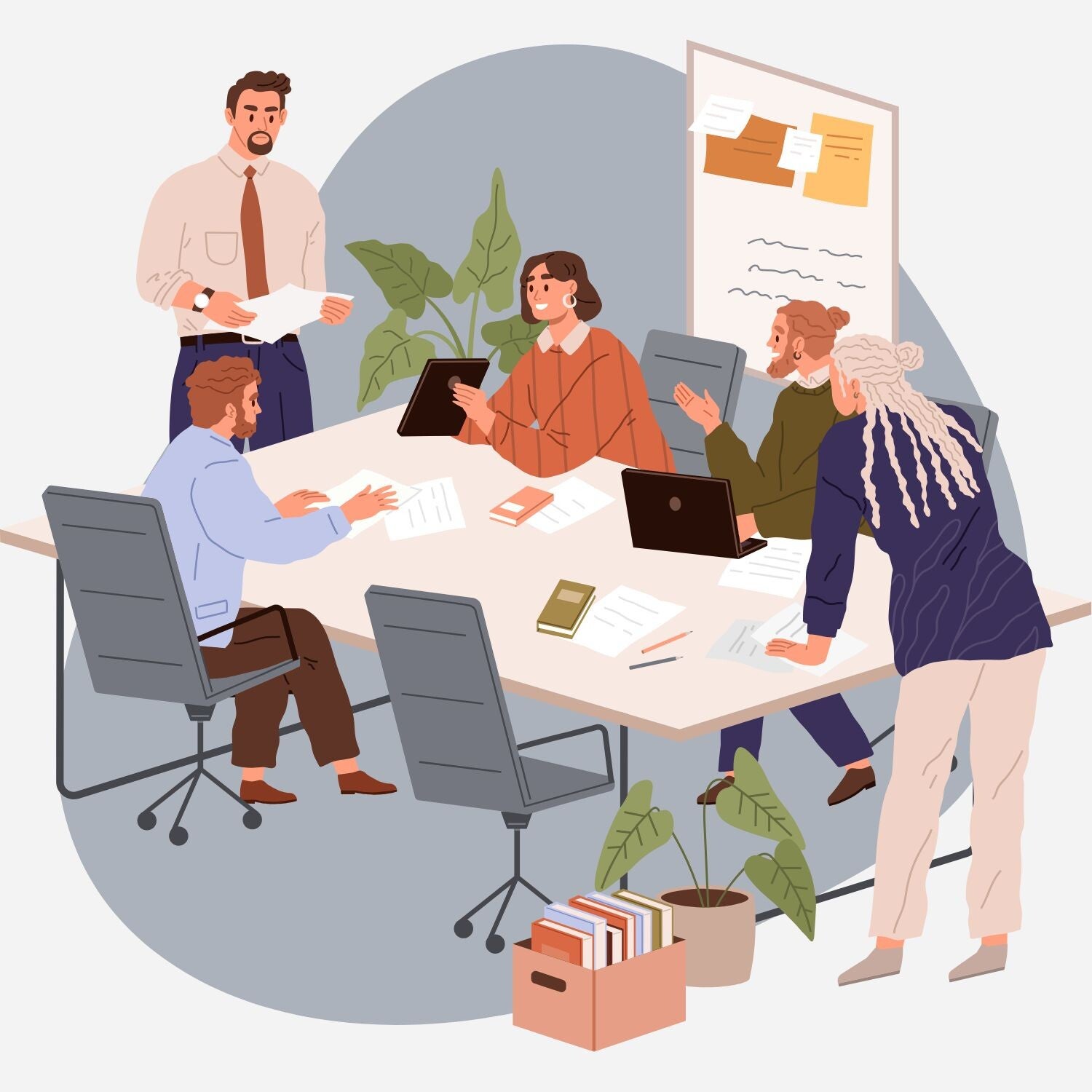 A team discussing a project around a conference table