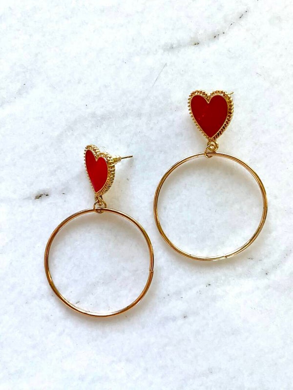 Mini Red heart cirkel oorbellen