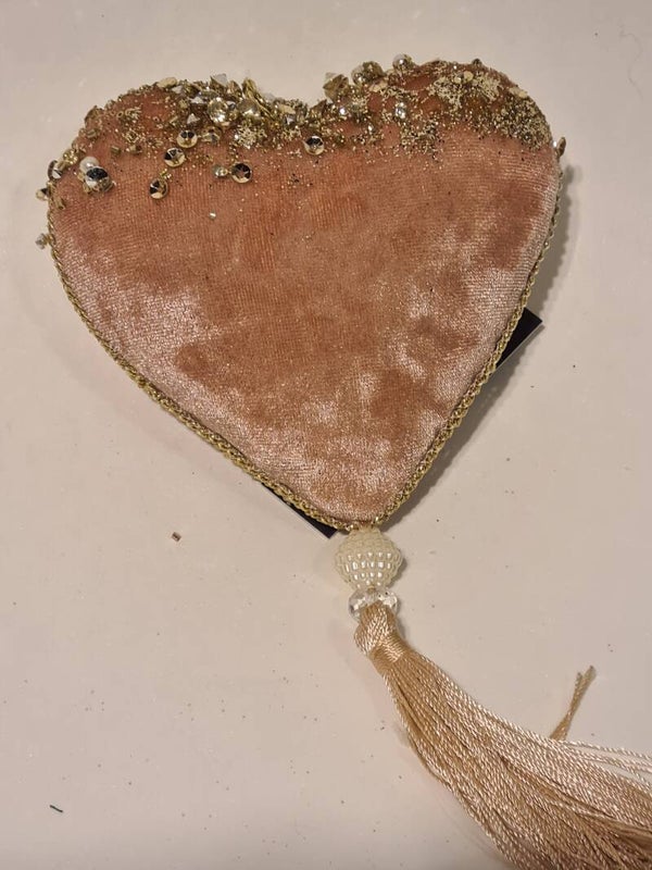 Kersthanger hart velours oud roze met glitter