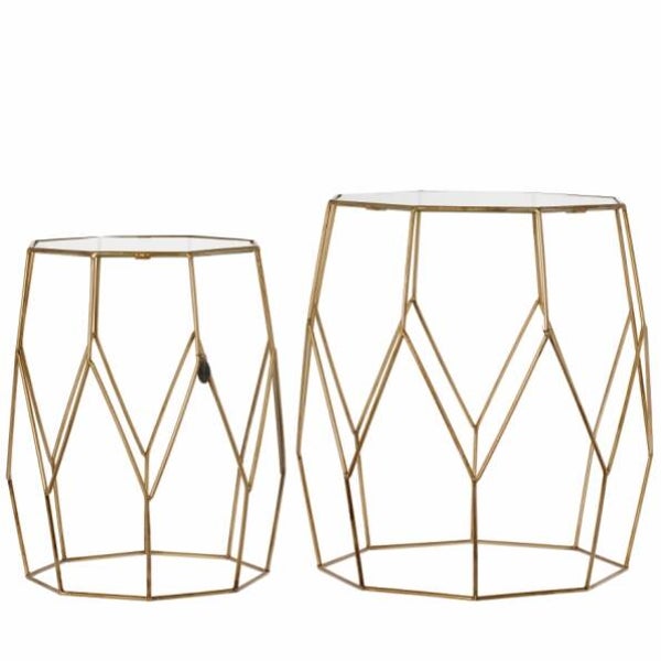 Bijzettafeltjes goud met glas rond L