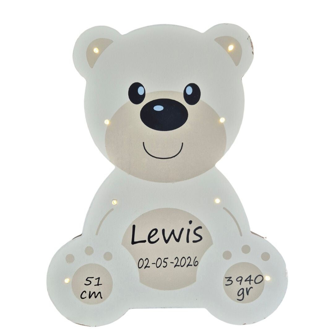 Gepersonaliseerde beerlamp met naam en geboortegegevens kindercadeau