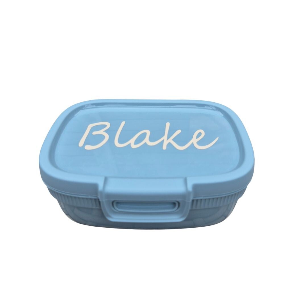 Gepersonaliseerde snackbox blauw met naam kindercadeau