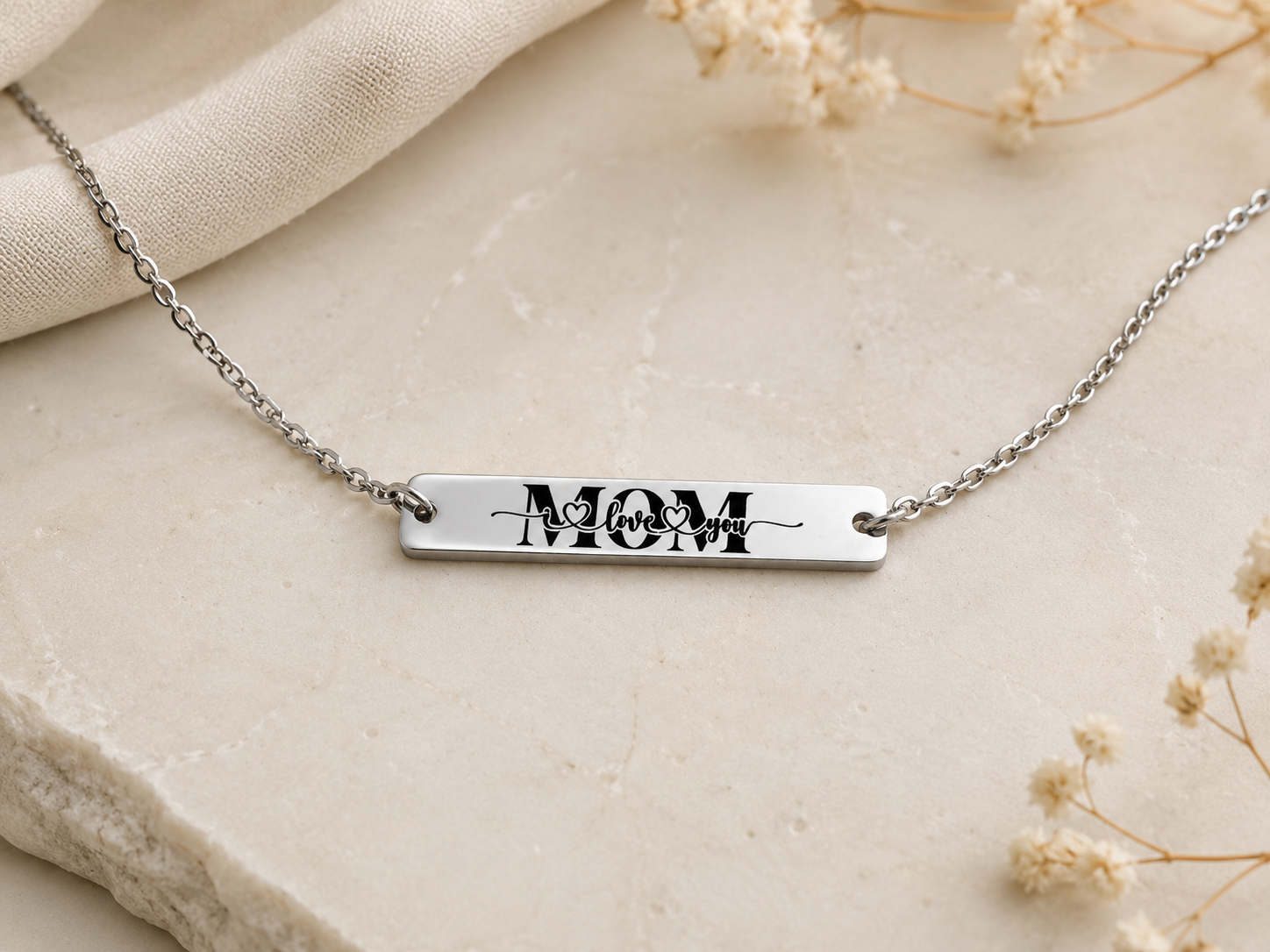 MOM Bar Necklace • I Love You Engraved Necklace • Gift for Mom • Stainless Steel