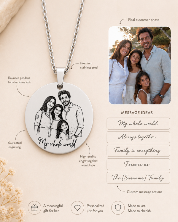 Family Photo Engraved Necklace for Her – Personalized Family Keepsake Pendant