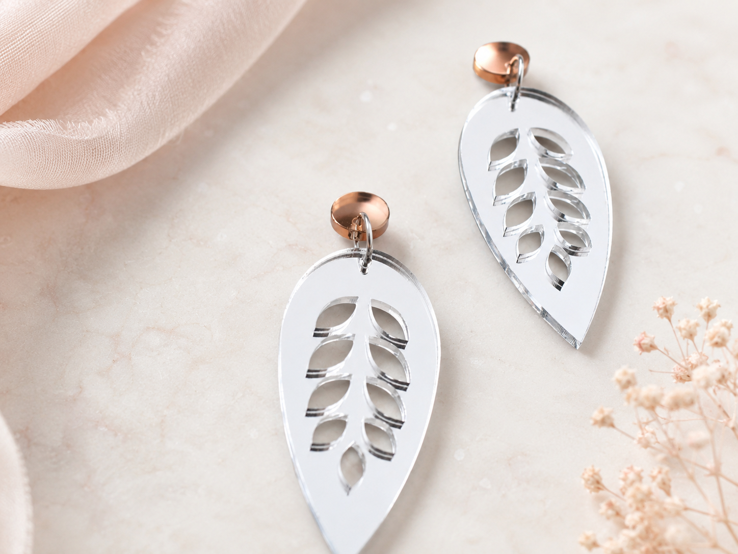 Mirror Acrylic Leaf Cutout Earrings – Silver & Bronze