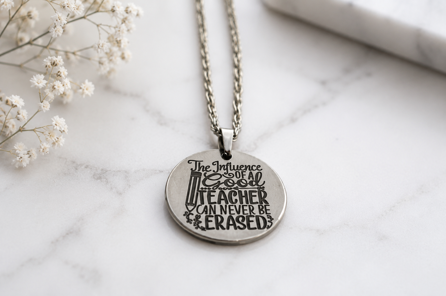 Thoughtful Teacher Appreciation Necklace in stainless steel. Engraved “Teacher” definition. A perfect thank-you gift for end of school year, Christmas, or graduation. Waterproof and gift-ready.