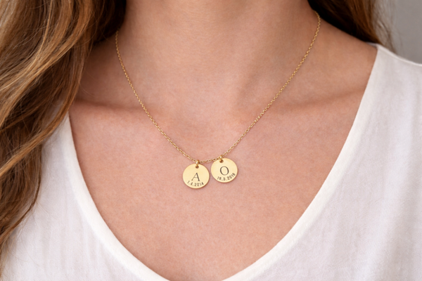 Personalized Gold Initial Necklace with 2 Disc Pendants. Gift for mom. Mother’s Day jewelry gift.